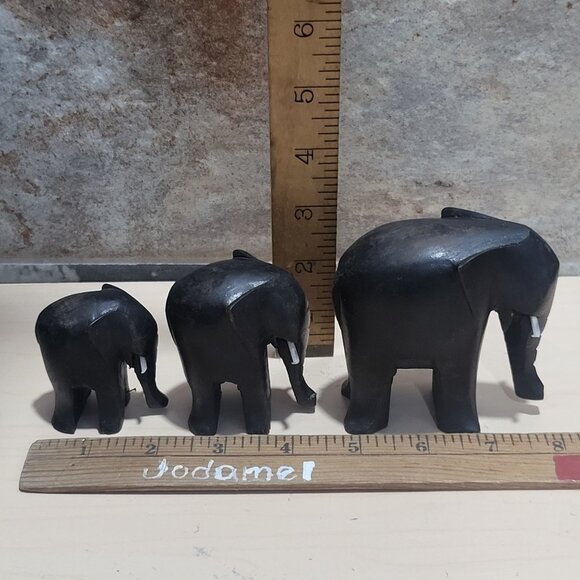 Hand Carved Black Wood Elephant Figurines Set of 3 - Picture 7 of 10